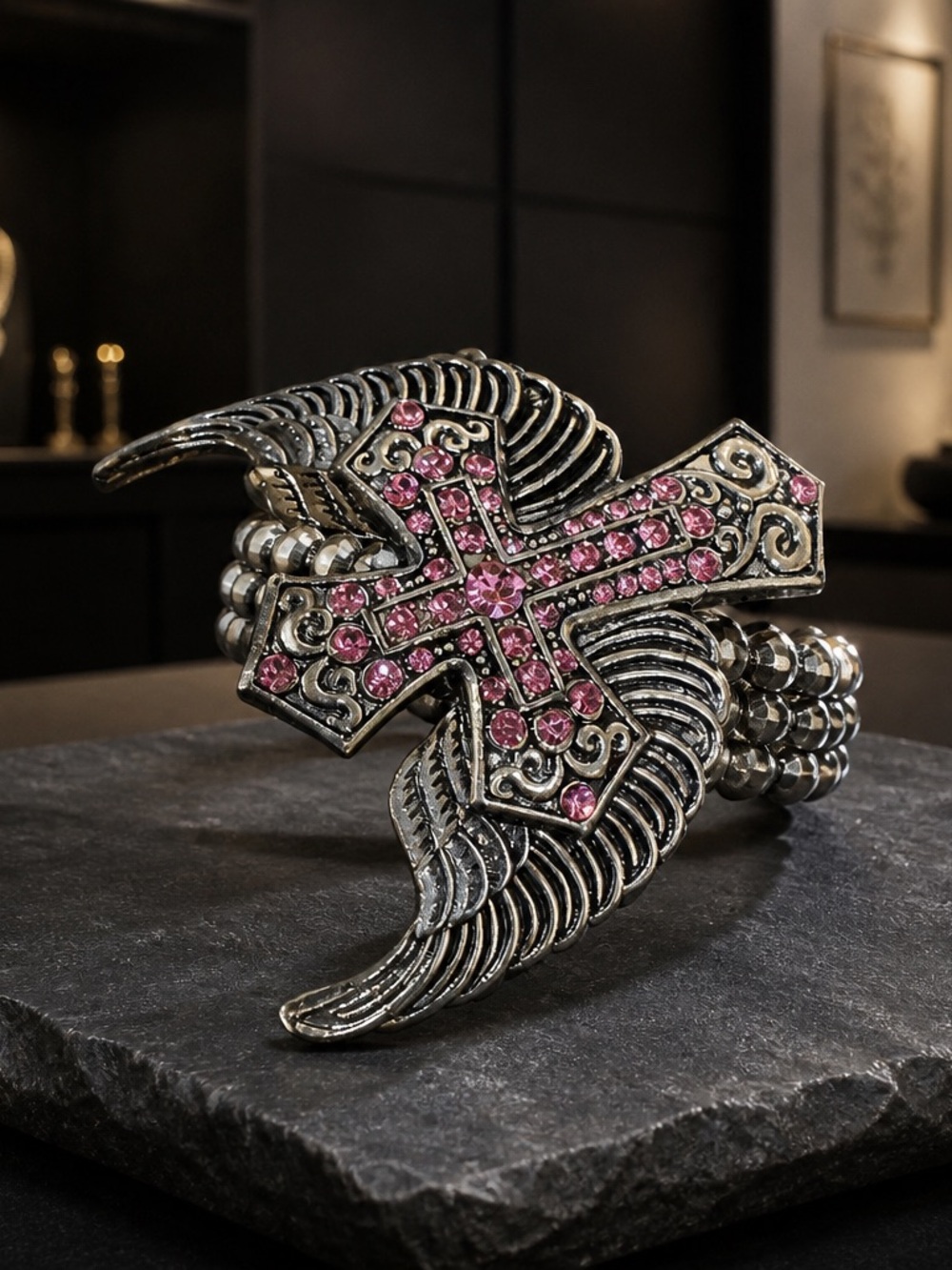 Winged Cross Bracelet with Pink Rhinestones